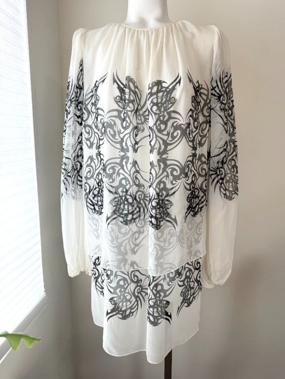 Authentic Thomas Wylde Tattoo Print White Silk Chiffon Blouse